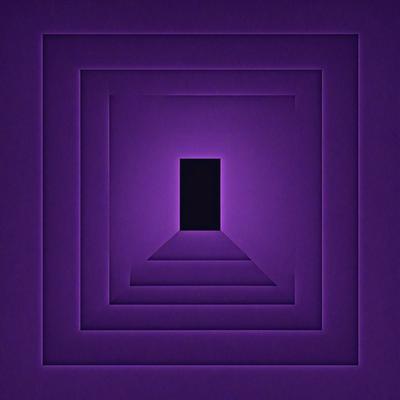 The primary subject of the image is a purple doorway, which appears to be a part of a larger structure. The setting is a dark room, and the visual style is a combination of a photo and digital art. The dominant colors are purple and black, creating a moody and mysterious atmosphere.